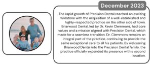 A group photo of people sitting on a beach. Accompanied by a text box, dated 'December 2023,' narrating Precision Dental's acquisition of Briarwood Dental, highlighting shared values, expanded presence, and Dr. Kevin Clemmons' continued care at the new second location.