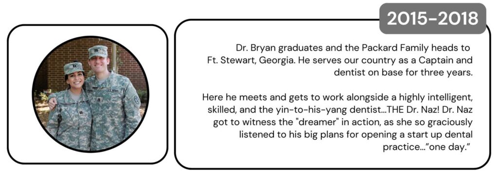 A split graphic. Left: Circular photo of two individuals in military uniforms with a blurred background, one has an arm around the other. Right: Text box narrating Dr. Bryan's service in Georgia from 2015 to 2018 and his encounter with Dr. Naz, who inspired his dream of starting a dental practice.