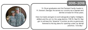 A split graphic. Left: Circular photo of two individuals in military uniforms with a blurred background, one has an arm around the other. Right: Text box narrating Dr. Bryan's service in Georgia from 2015 to 2018 and his encounter with Dr. Naz, who inspired his dream of starting a dental practice.