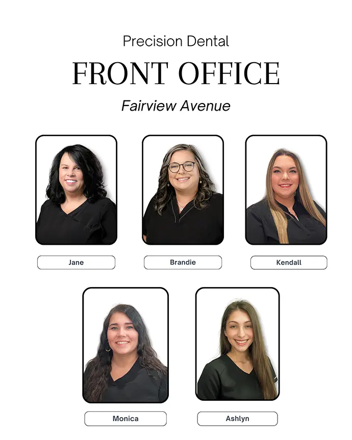 Portrait collage of five front office staff members from Precision Dental on Fairview Avenue. Each individual is shown in black attire against a white background, with names labeled: Jane, Brandie, Kendall (top row), Monica, and Ashlyn (bottom row). Designed to introduce the administrative team to patients.