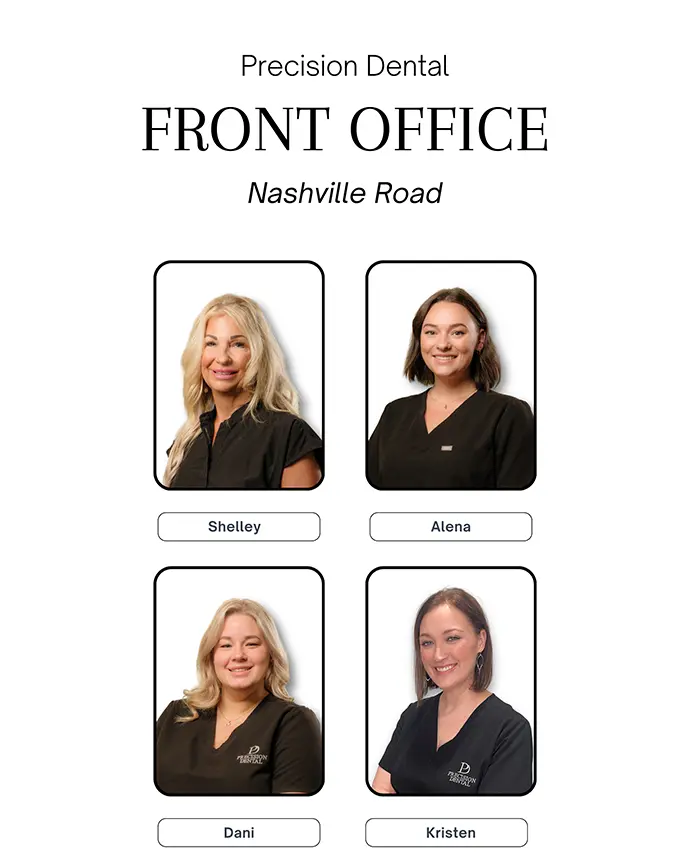 Portrait collage of four front office staff members from Precision Dental’s Nashville Road location. Each individual is dressed in black professional attire with names labeled: Shelley and Alena (top row), Dani and Kristen (bottom row). Title reads 'Precision Dental Front Office Nashville Road.