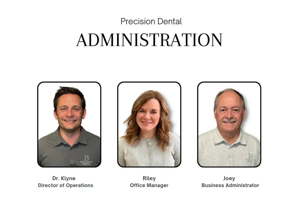 Precision Dental Administration team. Dr. Klyne, Director of Operations. Riley, Office Manager. Joey, Business administration.