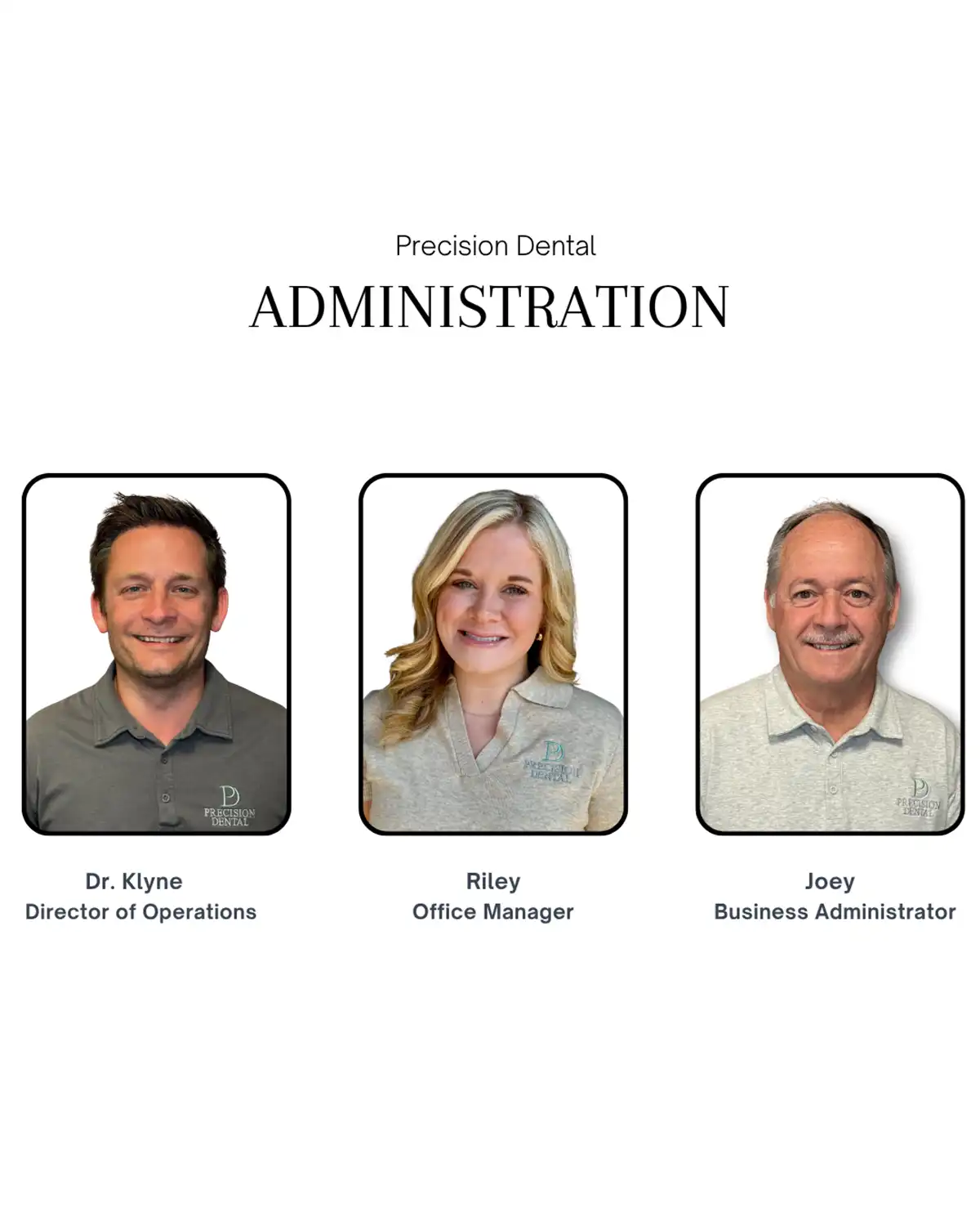 Precision Dental Administration. Dr. Klyne, Director of Operations. Riley, Office Manager. Joey, Business Administrator.